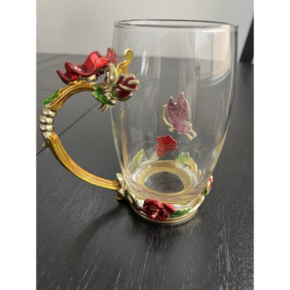 ARC France Glass Coffee Tea Cup Fairy Jeweled Enamel Red Rose Purple Butterfly - Picture 4 of 11